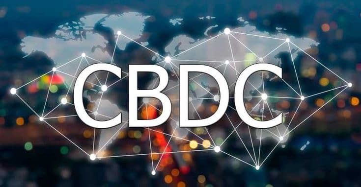 The acronym CBDC over a world map network, representing global digital currency connectivity