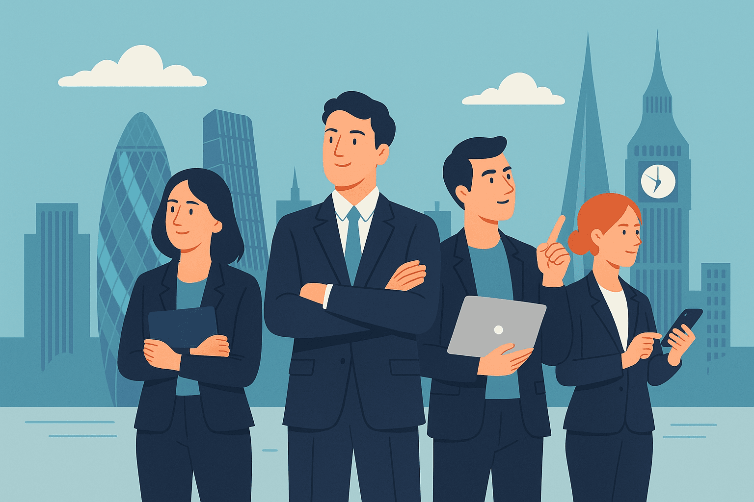 Illustration of four fintech professionals standing in front of London’s skyline with landmarks