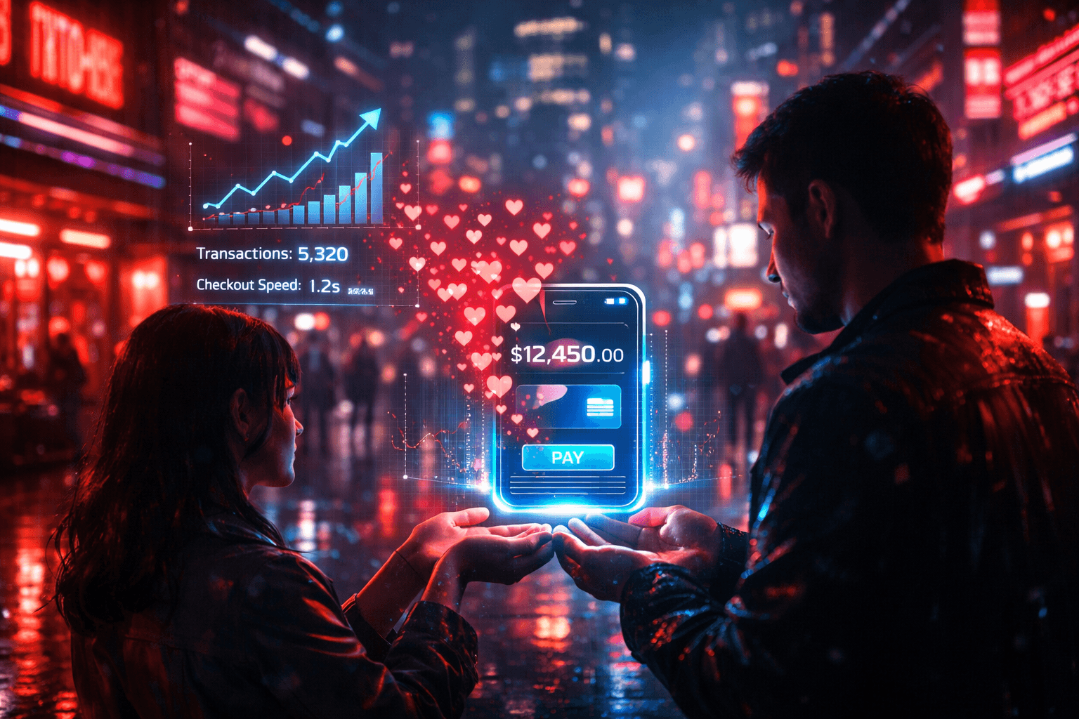 Couple making a mobile payment on a smartphone with a glowing heart in the background, symbolising Valentine’s Day spending and digital checkout.