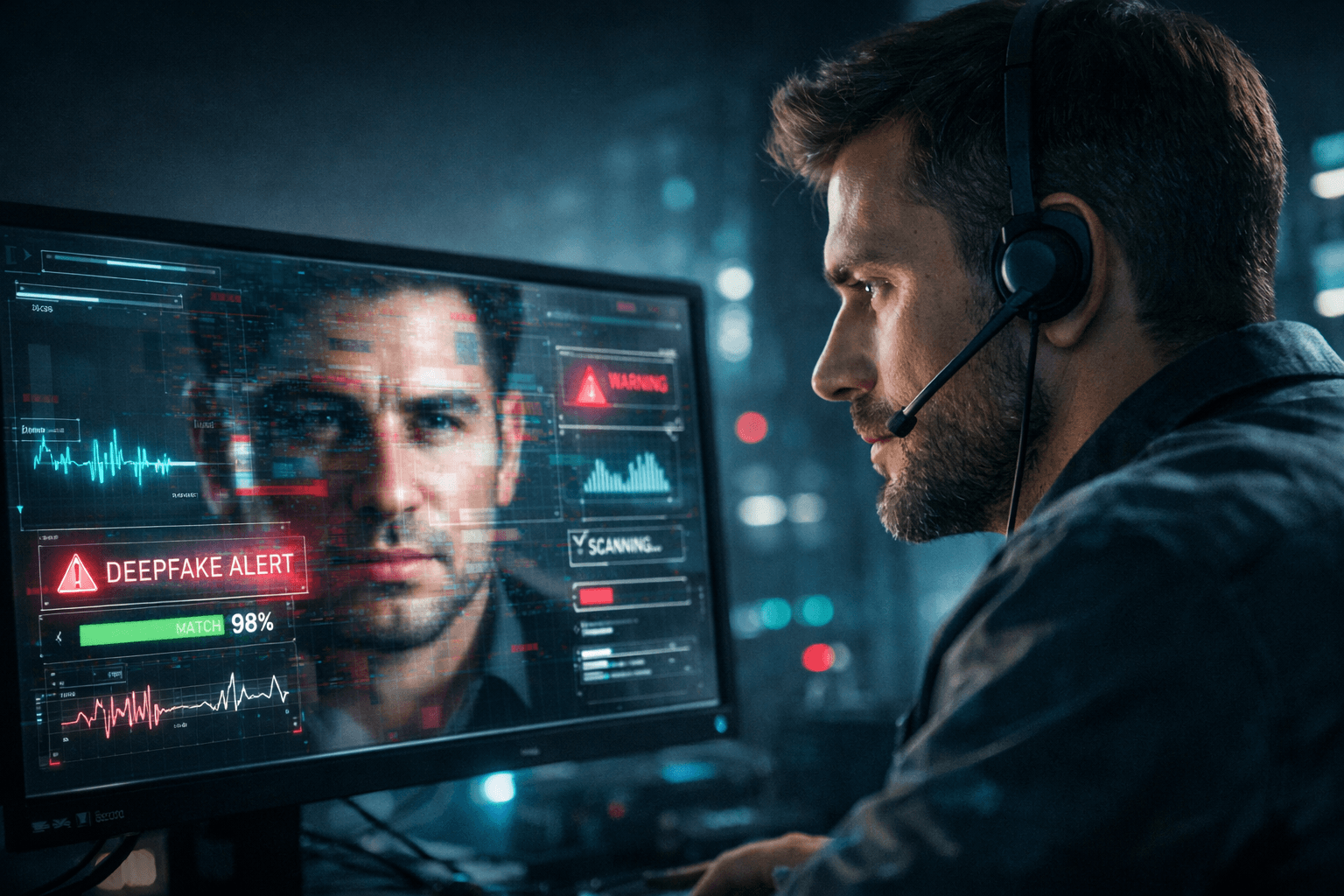 Person facing digital screens showing AI-powered fraud detection and deepfake identity verification threats in fintech