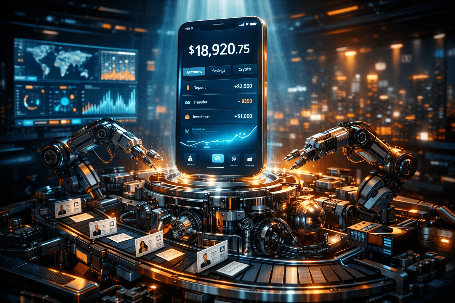 Futuristic digital banking operations center representing neobank profitability and middle office automation in 2026