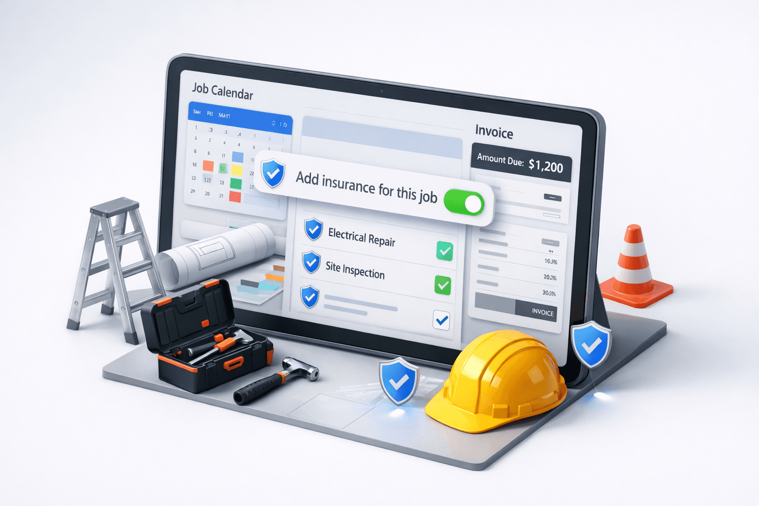 Insurtech tools and trade equipment representing the digital transformation of insurance for tradespeople