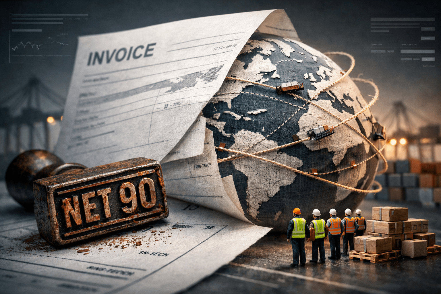 Unpaid B2B invoice marked NET 90 sitting on a desk representing late payment challenges in traditional supply chains