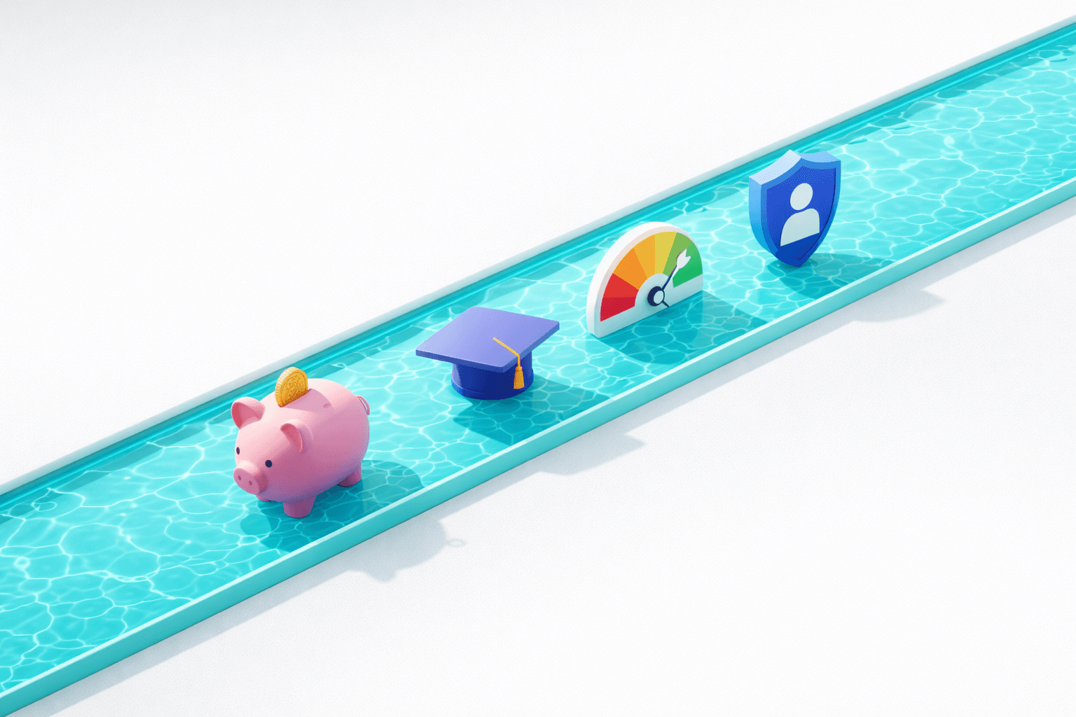 Family fintech platforms connecting children's services to financial tools alongside a swimming pool lane rope with toy figures