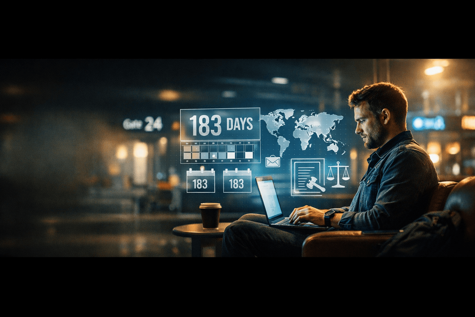 Remote work tax compliance professional working on laptop across international borders at night