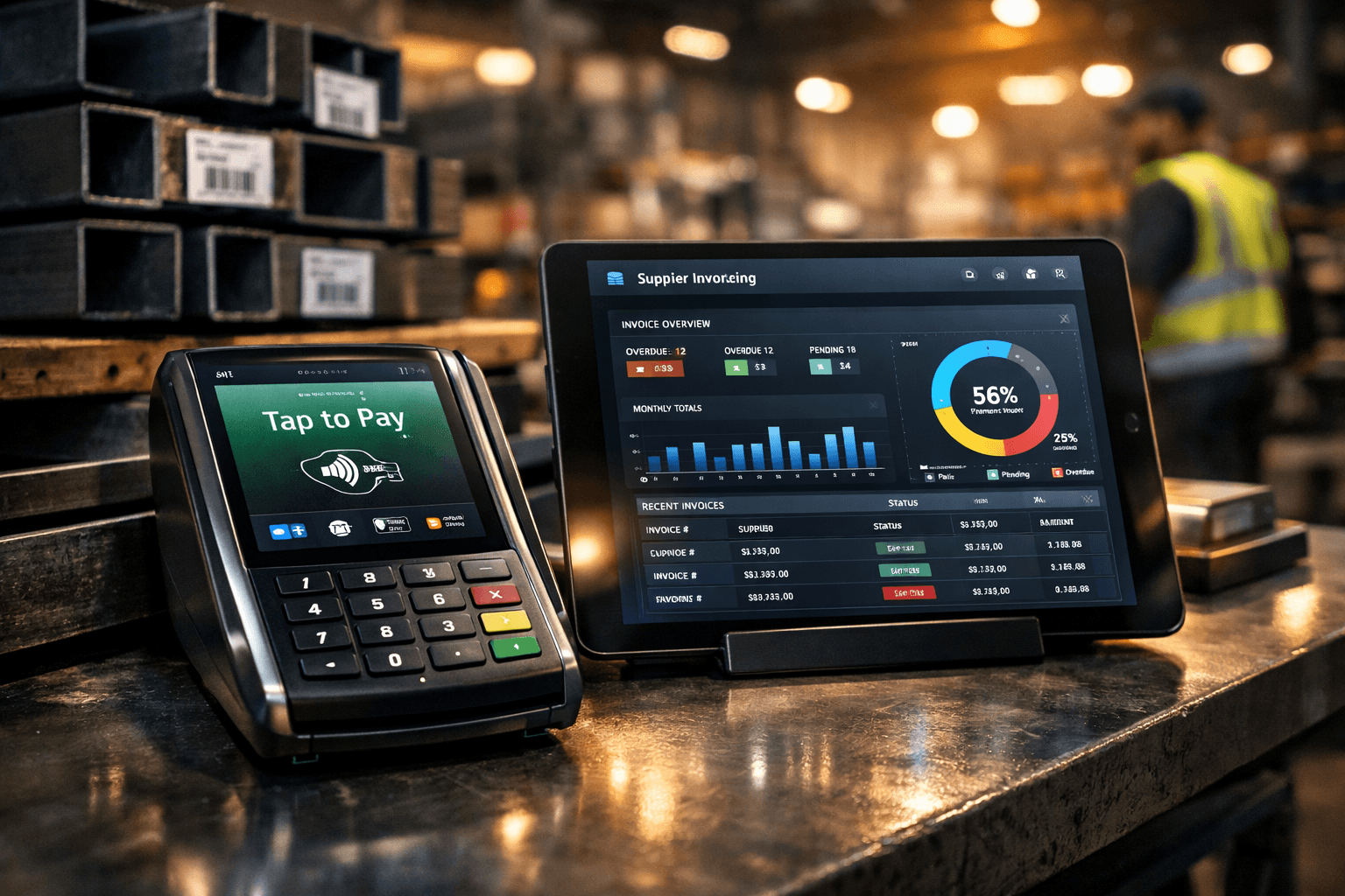 Trade supplier invoicing digital payment terminal in warehouse