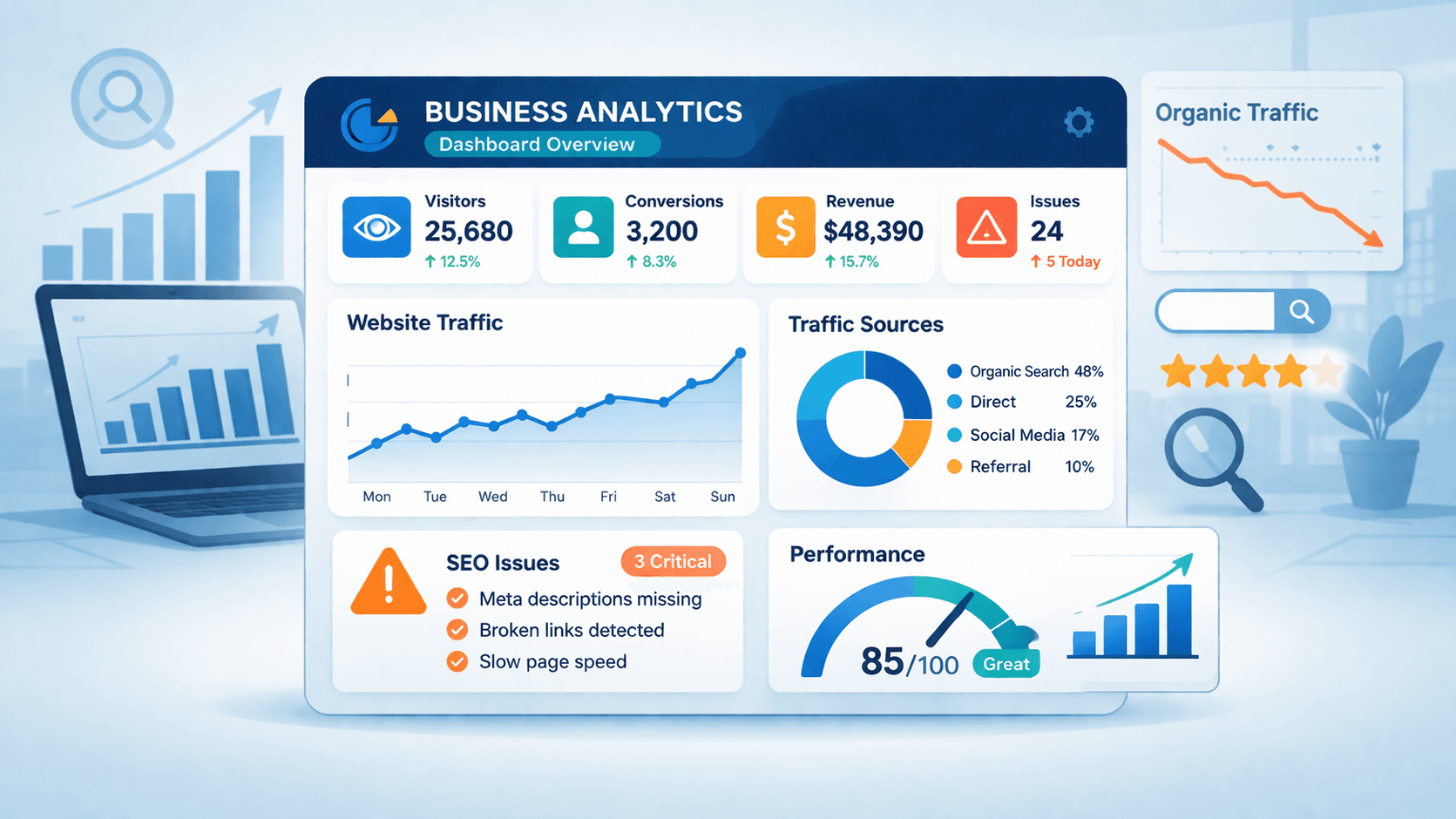 SEO predicts business failure shown through declining organic traffic dashboard