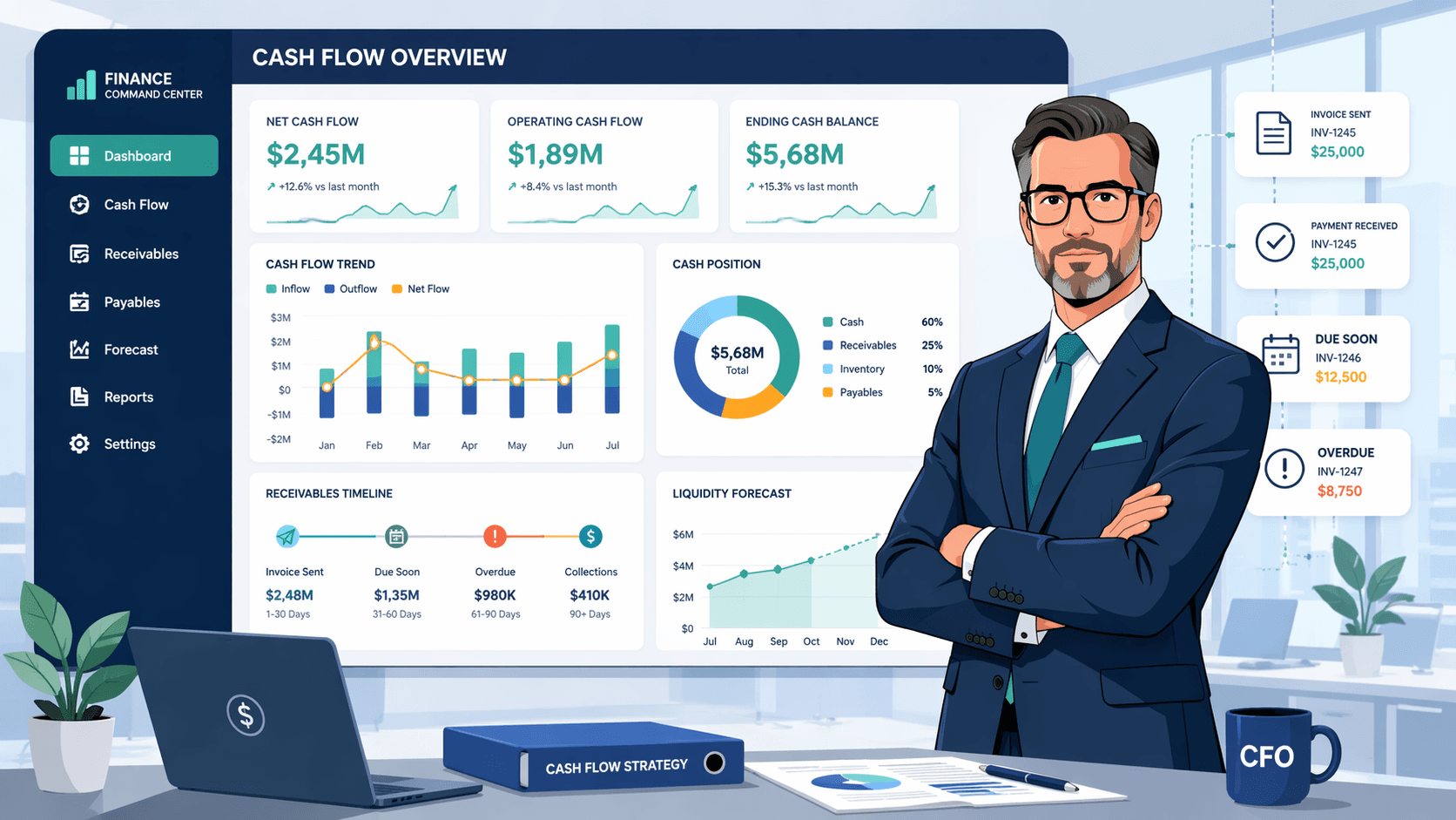 Cash flow crisis management dashboard showing CFO liquidity metrics and receivable timelines