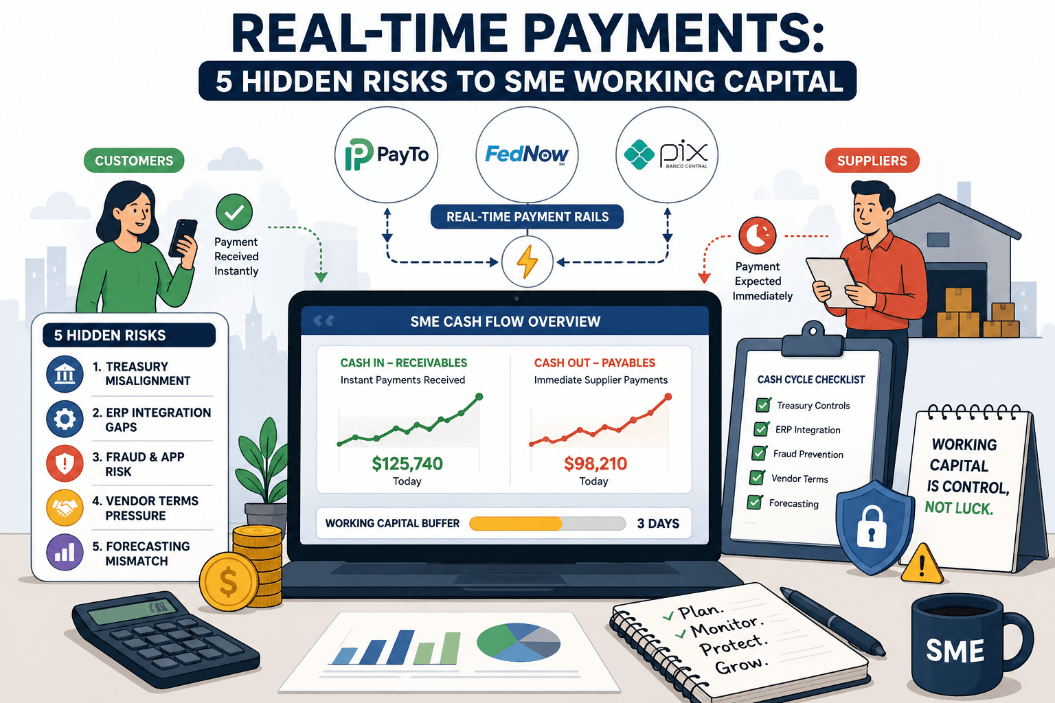 Real-time payments dashboard showing SME working capital flows across PayTo FedNow and Pix rails
