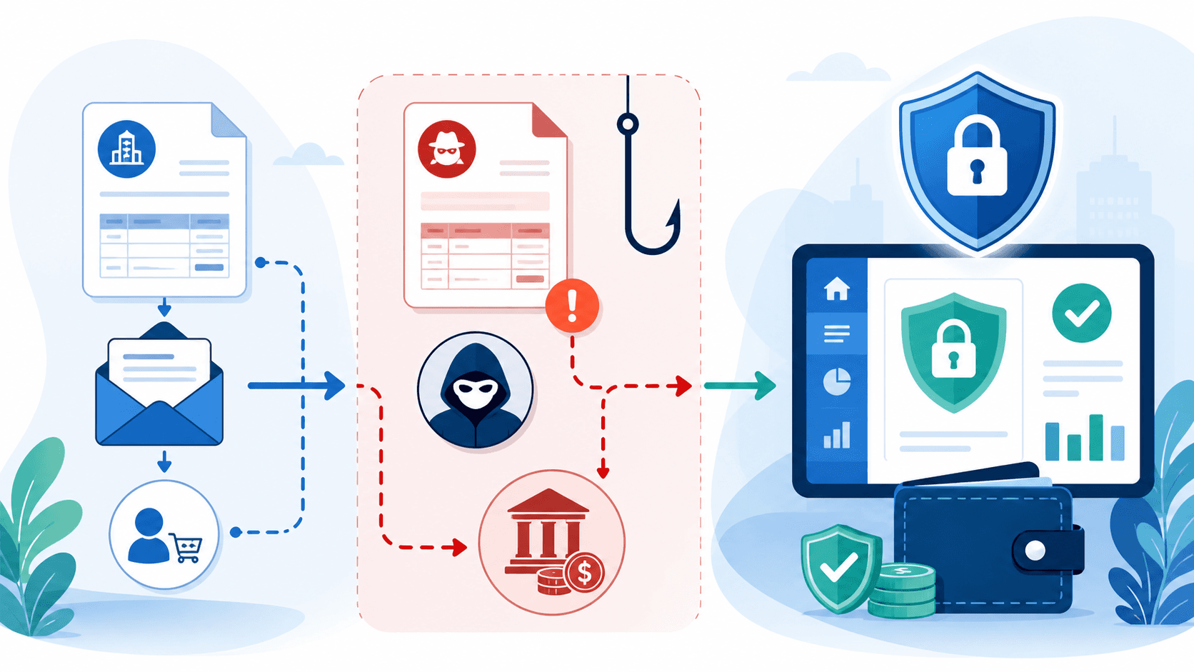 B2B payments fraud diagram showing business email compromise, invoice redirection, and vendor impersonation attack vectors targeting accounts payable teams