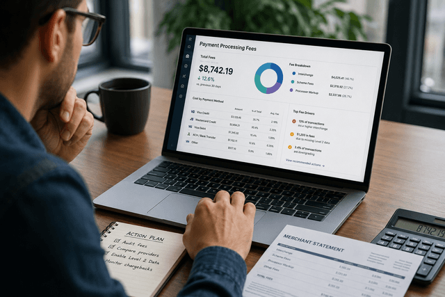 Small business owner reviewing payment processing fees on a laptop in 2026