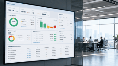 AI in accounts receivable dashboard showing cash application matching and overdue collections prioritization for a finance team