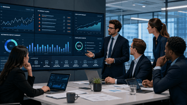 AI finance workforce team reviewing automated reports and validating outputs on a dashboard