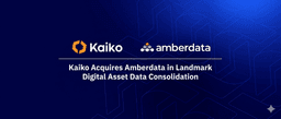 A dark blue cover image for a Fintechbits article featuring the Kaiko and Amberdata logos in white, above a headline that reads "Kaiko Acquires Amberdata in Landmark Digital Asset Data Consolidation."