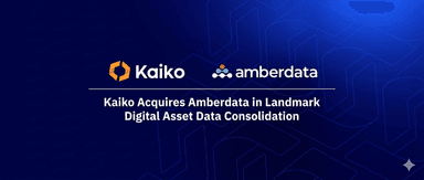 A dark blue cover image for a Fintechbits article featuring the Kaiko and Amberdata logos in white, above a headline that reads "Kaiko Acquires Amberdata in Landmark Digital Asset Data Consolidation."