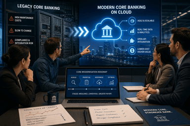 Legacy core banking systems being modernised onto a cloud platform by a bank technology team