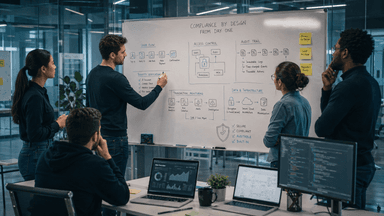 fintech compliance team mapping controls and audit trails on a whiteboard