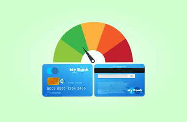 FICO Score 10T credit score gauge illustration with credit cards, representing FHA mortgage scoring
