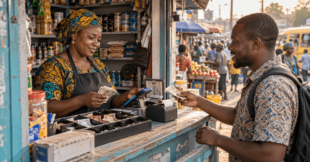 Emerging markets fintech agent handling cash-in and cash-out at a neighbourhood kiosk