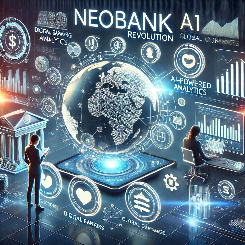 A futuristic digital banking experience with AI-powered financial tools and global transactions.