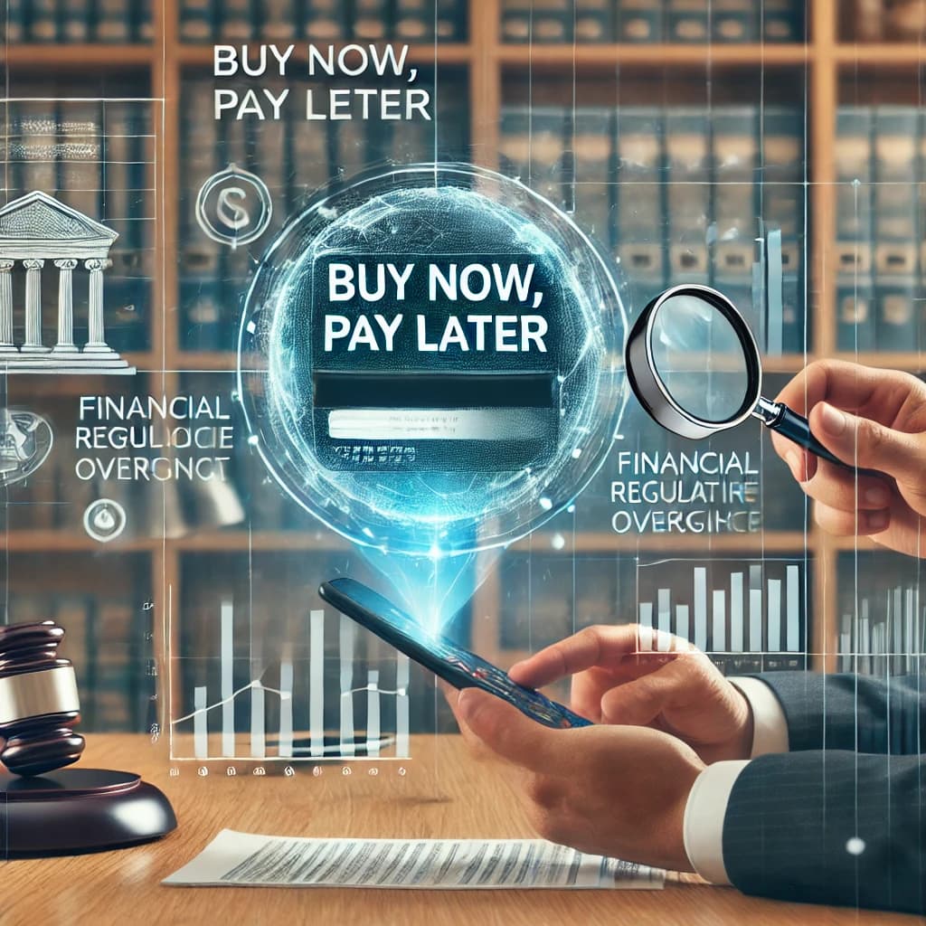 A consumer using a BNPL payment option online, with financial regulation symbols in the background.