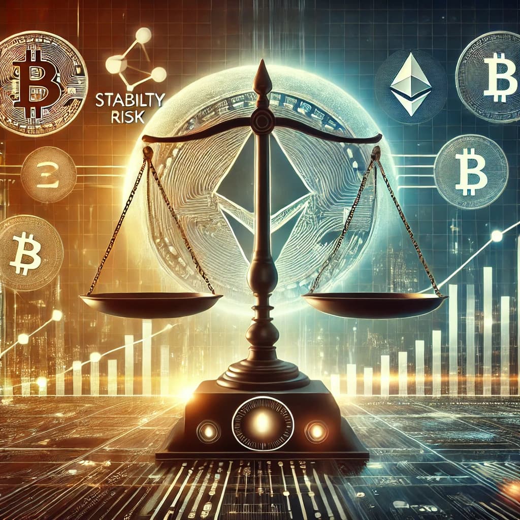 A futuristic financial landscape showcasing stablecoins, blockchain networks, and government oversight.