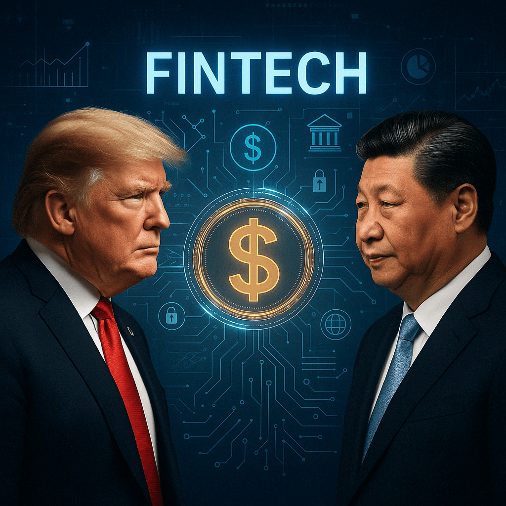 Composite image showing President Trump and China's President with digital finance symbols, representing the geopolitical impact on fintech.