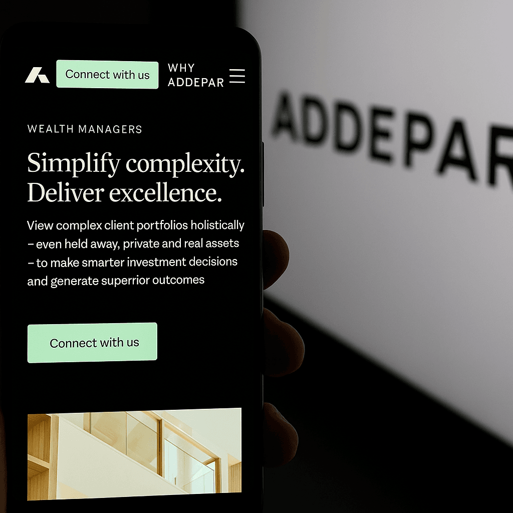 Addepar platform shown on smartphone, reflecting $230M Series G raise and global fintech expansion