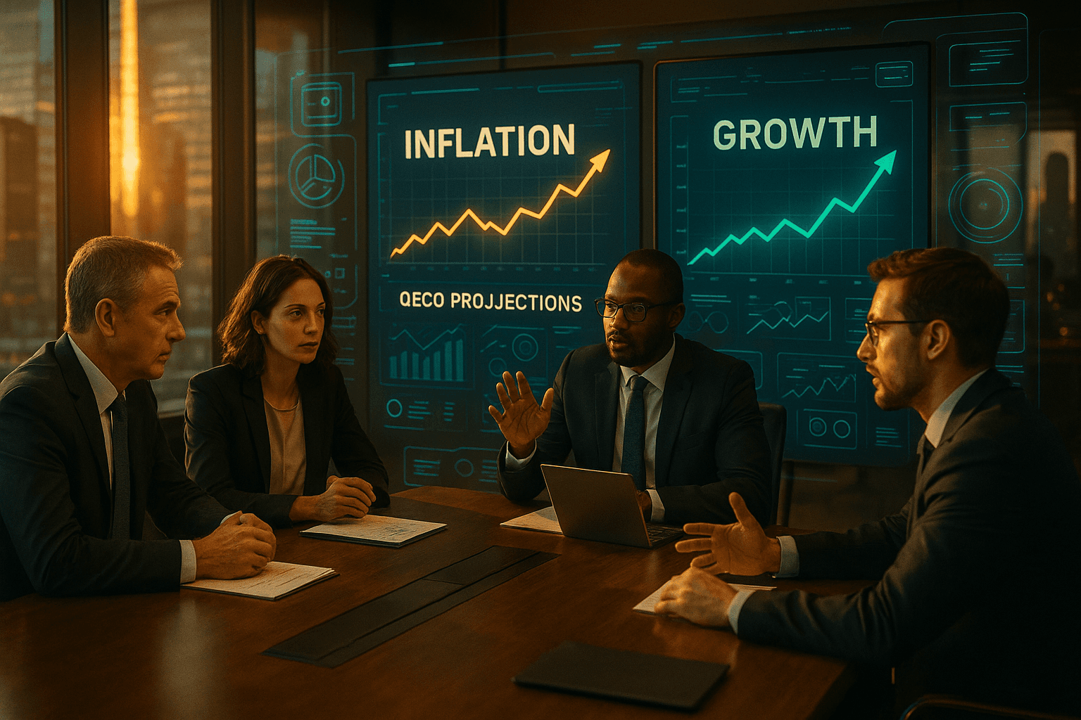 Fintech executives reviewing OECD Economic Outlook data in 2025 to inform strategic planning, product roadmaps, and macroeconomic risk scenarios across global markets.