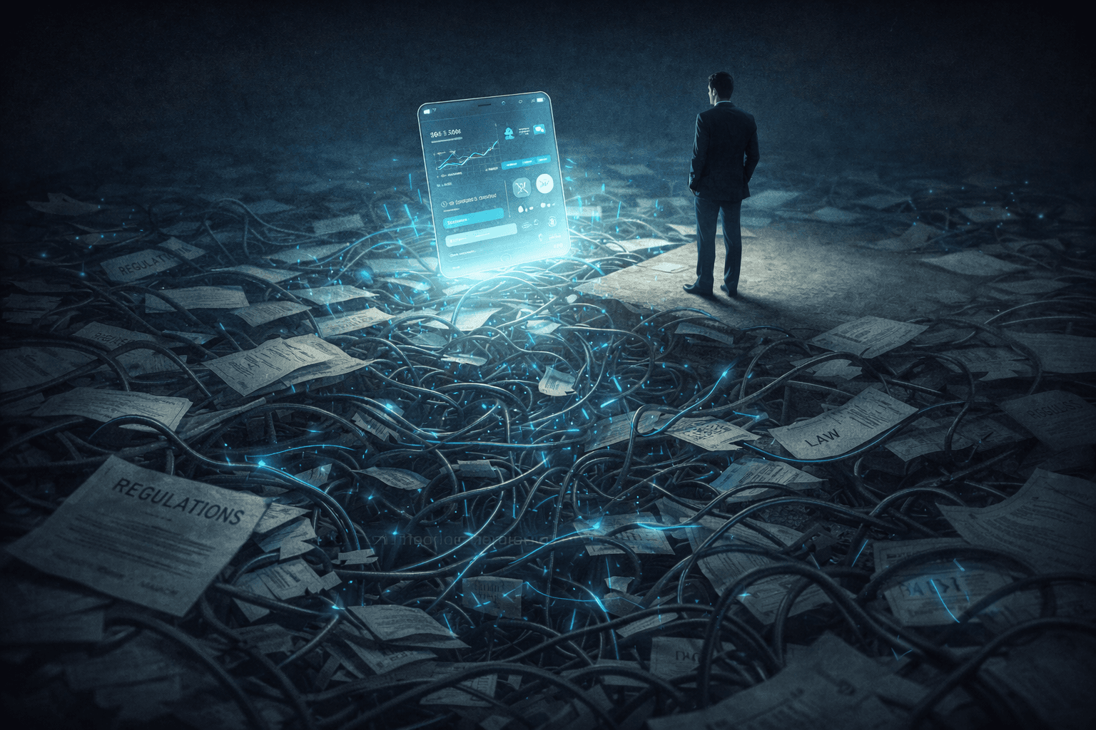 Founder standing in a digital financial network, illustrating the risks and responsibilities of starting a fintech company
