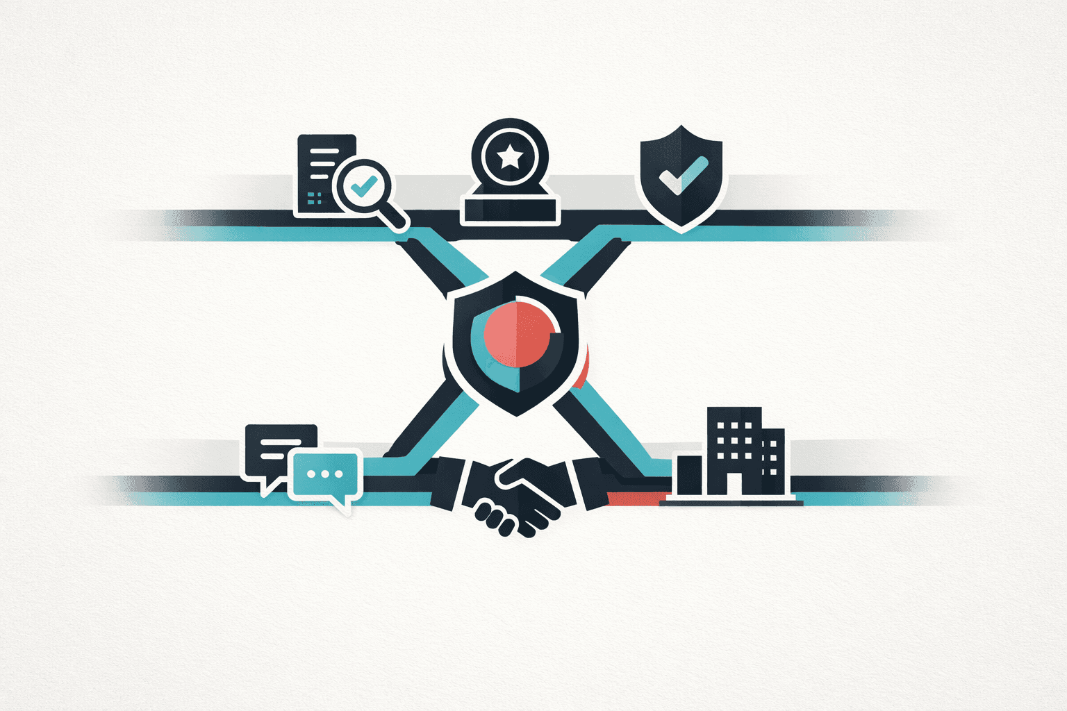 Illustration of a secure fintech system with a central shield connected to audit, identity, and banking icons