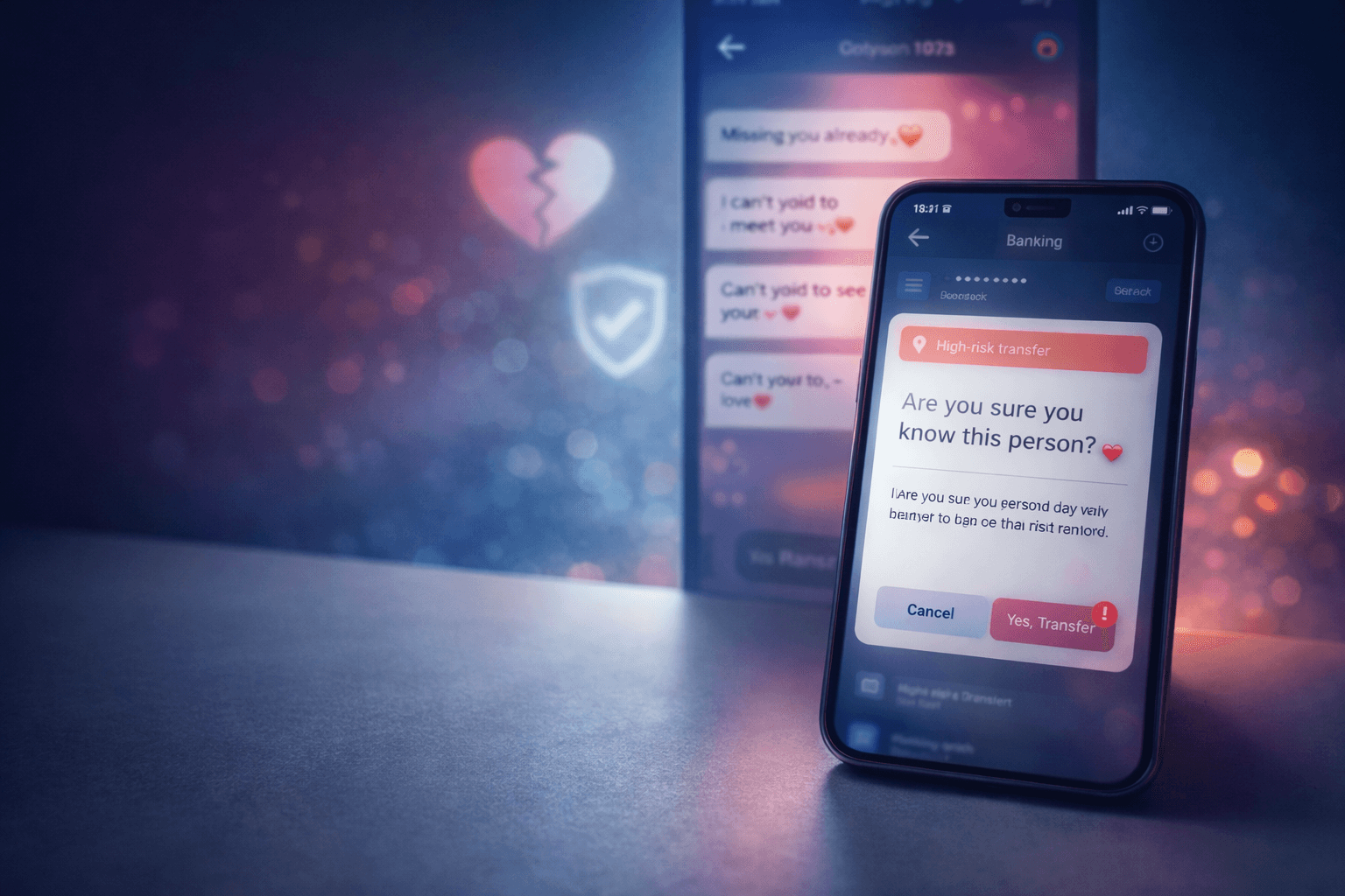 Smartphone showing a security alert and login prompt, highlighting Valentine’s Day scam risks and payment fraud prevention.