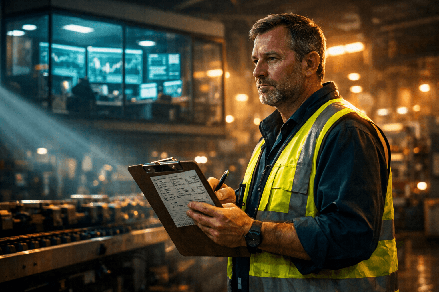 Worker in high-vis vest reviewing finances on a tablet in a warehouse