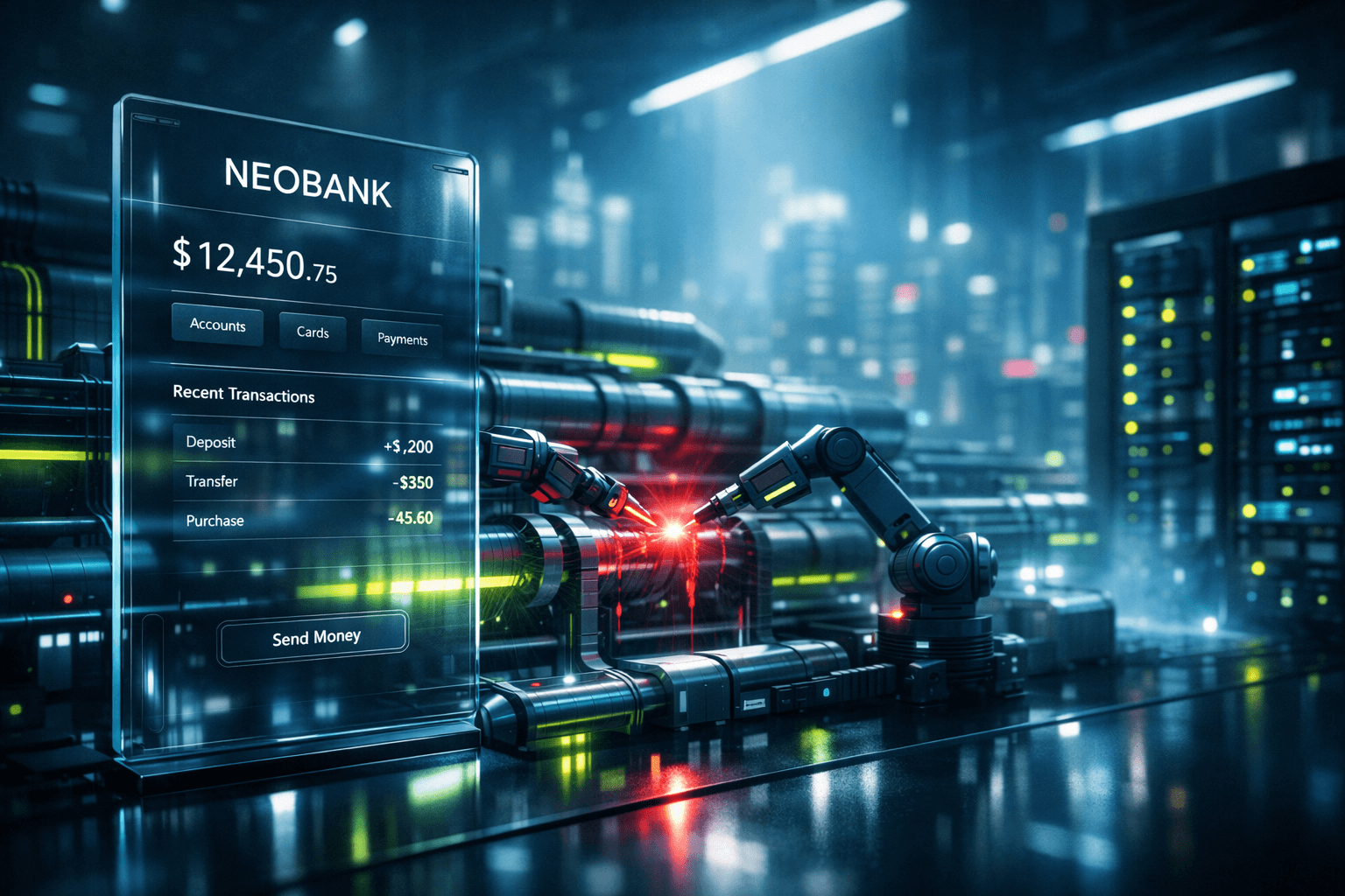Futuristic digital banking interface representing neobank technology and backend automation for profitability