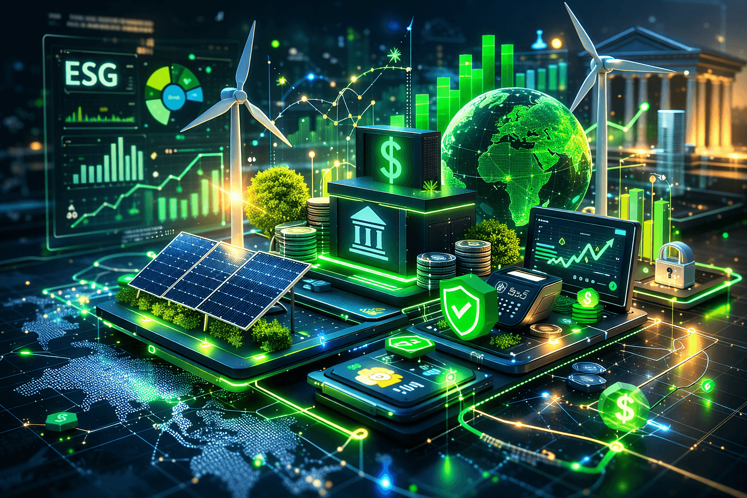 Green fintech ESG data dashboard showing sustainability metrics for lending decisions