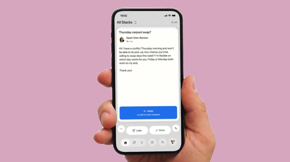 Tinder-inspired email app Avec showing swipe card interface on iPhone