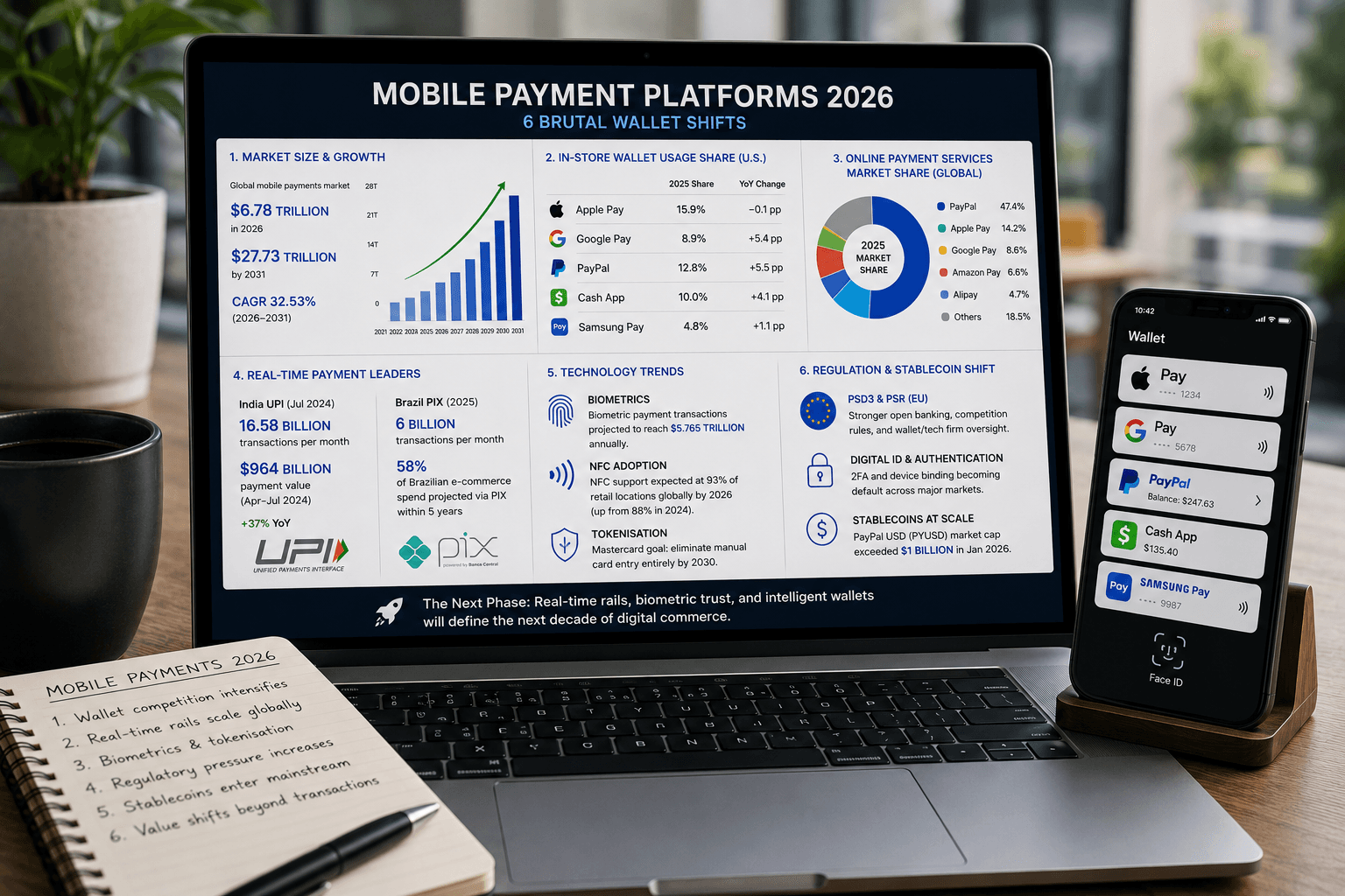 Mobile payment platforms 2026 Apple Pay Google Pay PayPal UPI PIX wallet share