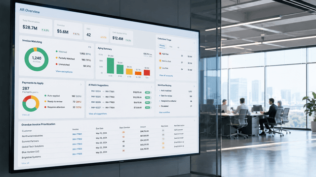 AI in accounts receivable dashboard showing cash application matching and overdue collections prioritization for a finance team